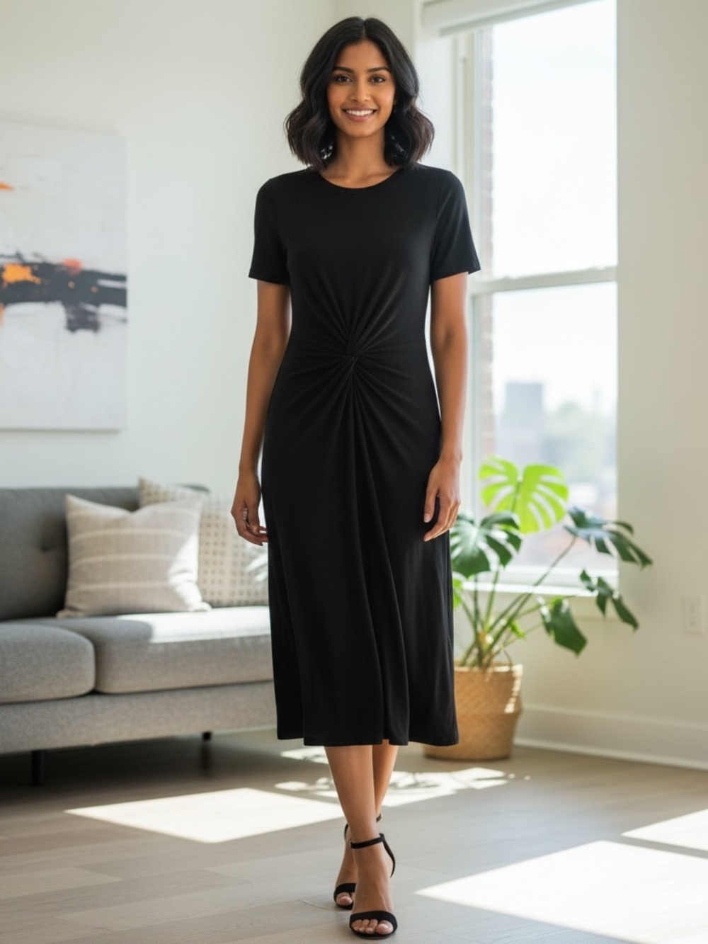 Jolie Black Midi Dress with Front Twist